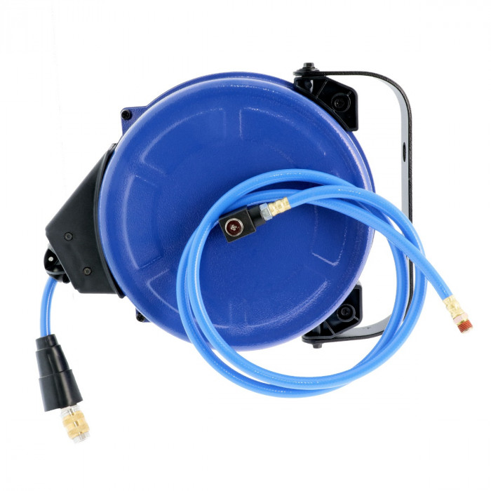 Air hose reel wall mounting 20 bar 20 m 3/8 16 x 10 mm with swivel arm and  set of plug-in nipples and universal quick coupling