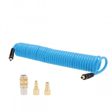 Spiral air hose 10 bar 15 m 1/4" 12 x 8 mm PU with a set of couplings and nipples