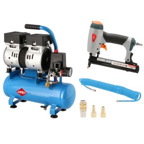 Silent oil free air compressor L 6-105 + air staple gun type 80 up to 25 mm + spiral air hose 7.5 m - For the upholsterer!