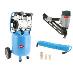 Standing silent oil free Compressor LMVO 40-250 + air nail gun brads 50 up to 90 mm + spiral air hose 10 m - For the handyman!