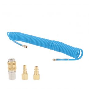 Spiral air hose 10 bar 7.5 m 1/4" 8 x 5 mm PU with a set of couplings and nipples