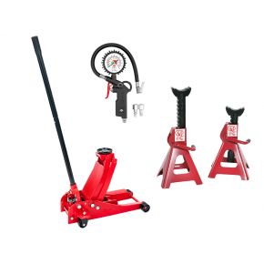Trolley Jack 2.5 ton 450 mm dish height + Jack stand JJ 3 ton 2 pieces 300-440 mm + Tyre inflator with plugin nipples 12 bar